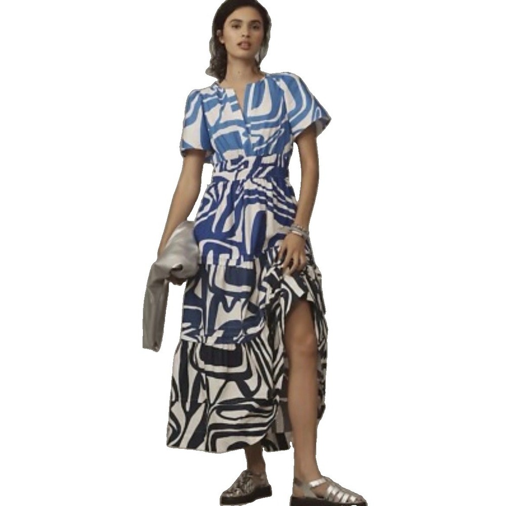 Anthropologie The Somerset Maxi Dress Blue White Print Size L Large Cotton